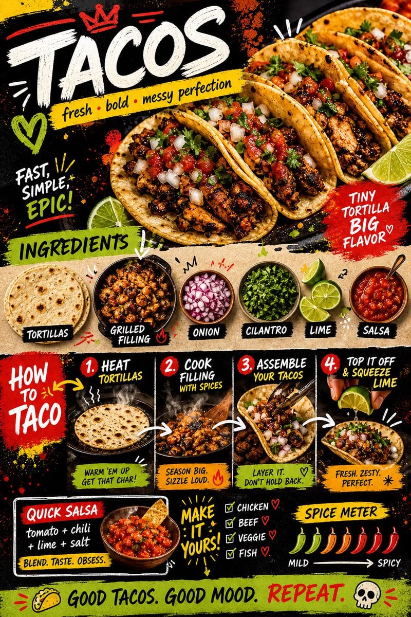 Create a bold, vibrant, street-style recipe card for “Tacos” designed for social…