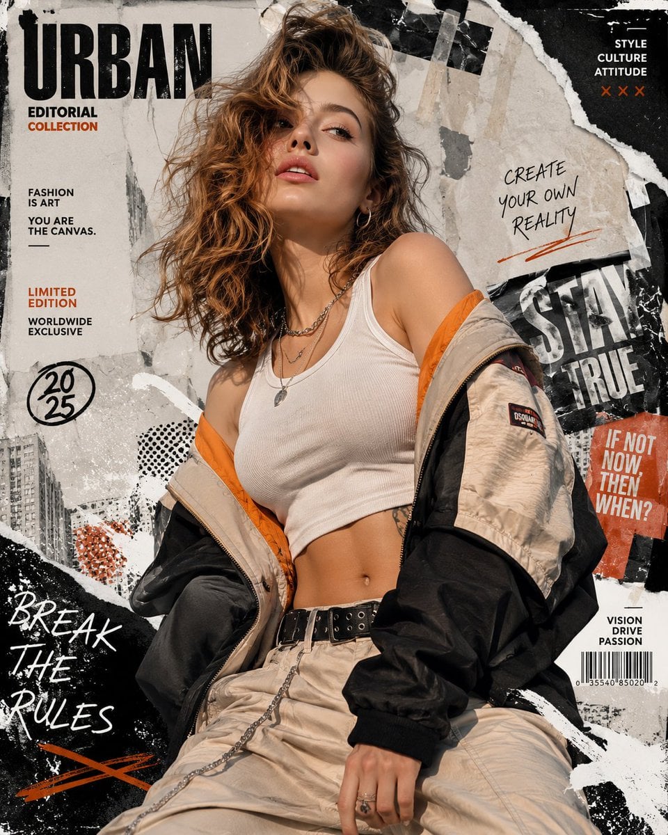 Create a high-resolution 8K portrait poster in an Urban Fashion Editorial Collag…