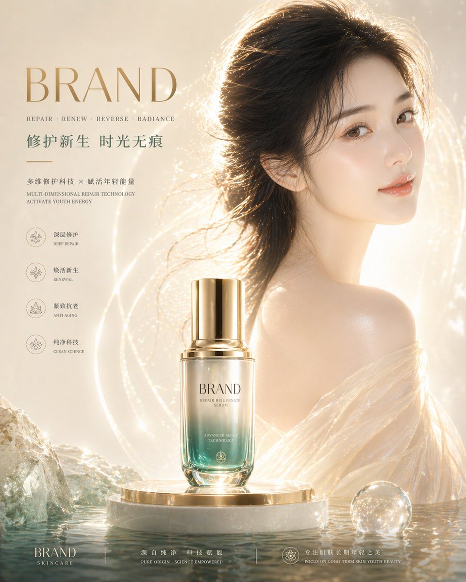 重点强化皮肤质感: 肌肤通透白皙,真实细腻,毛孔隐约可见但干净,肤质均匀细滑,无瑕疵感,呈现健康水润光泽(dewy skin),高光集中在颧骨、鼻梁、额头与肩部…