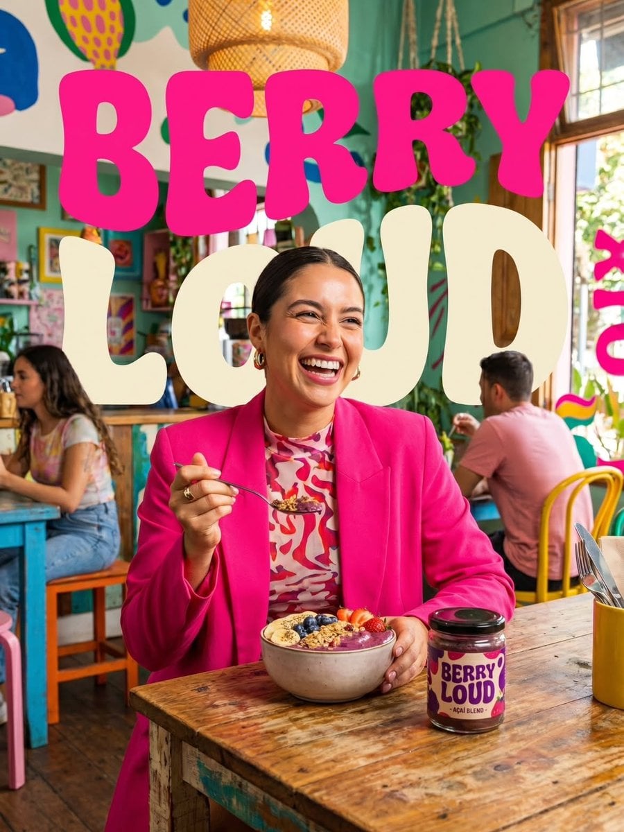 Vibrant lifestyle food advertisement, smiling woman in a bright hot pink blazer …