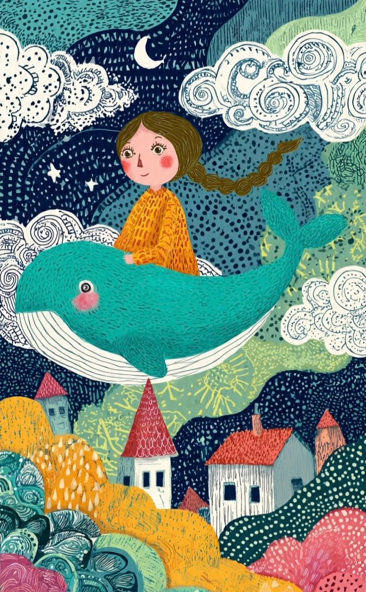 These two illustrations showcase a whimsical, folk-art style characterized by vi…