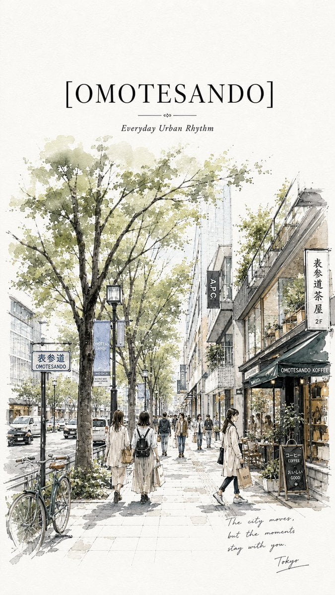 Minimalist ultra-high-resolution travel sketch poster of Omotesando, Tokyo, on c…