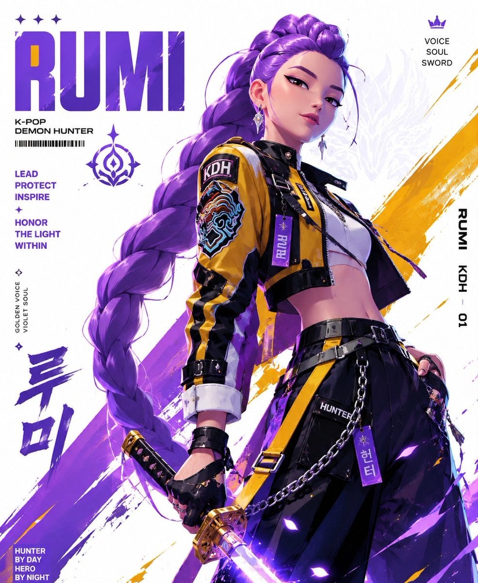 Create a stylized illustration of Rumi from the anime series Kpop demon hunter C…