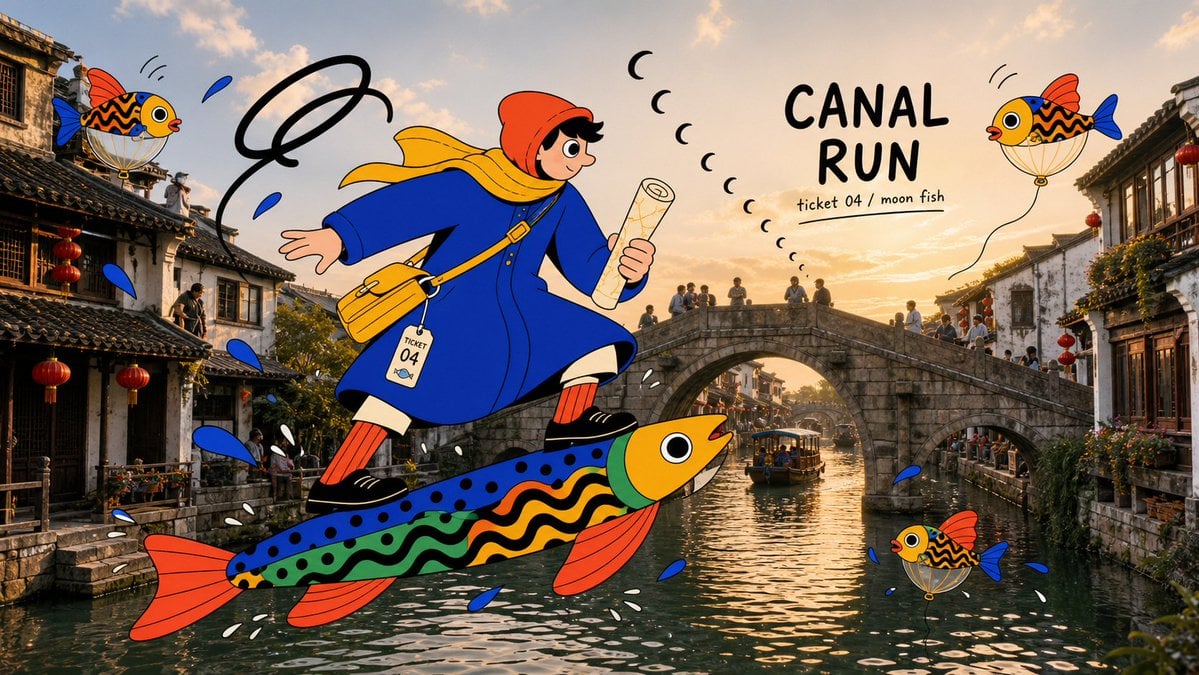 Create an image in the "Surreal Fish Doodle Landmark Photo Collage" style. Aspec…