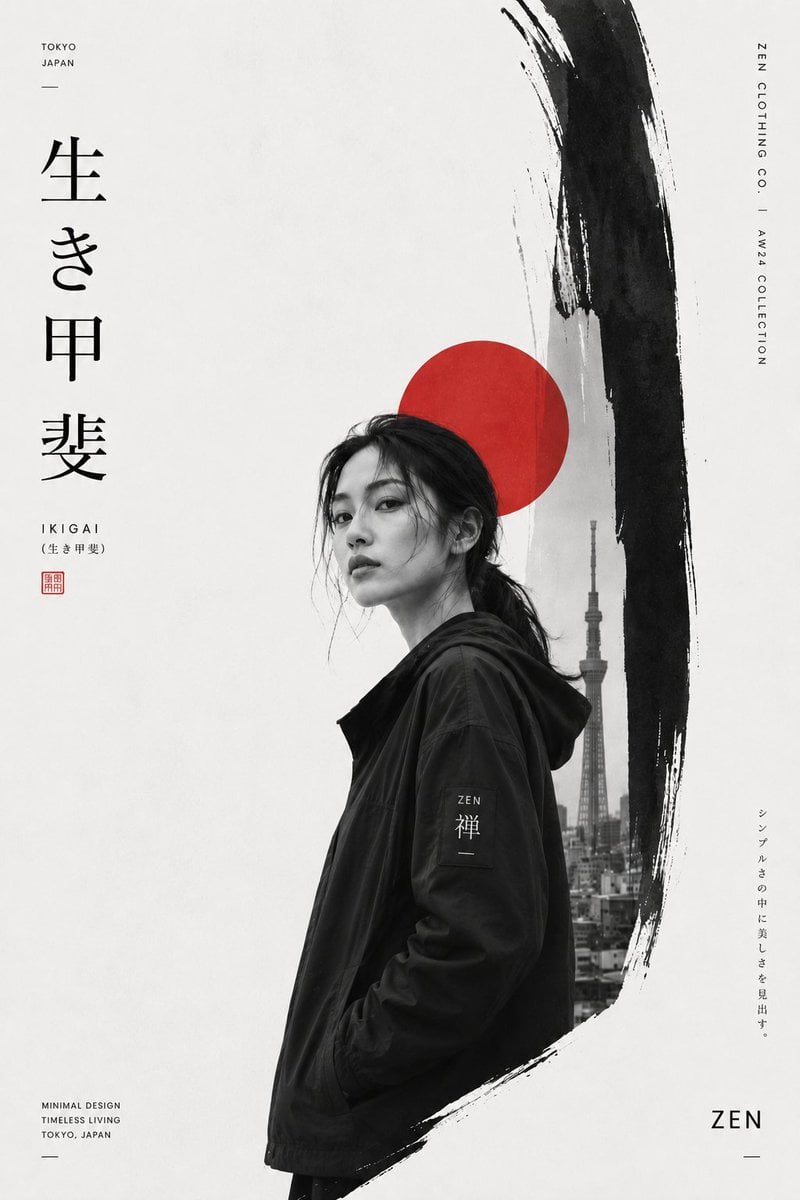 Create a premium Japanese-inspired minimalist fashion editorial poster featuring…