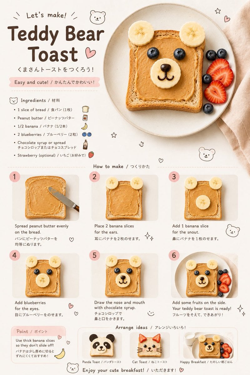 Create a realistic children’s food-art recipe infographic in a minimalist Japane…