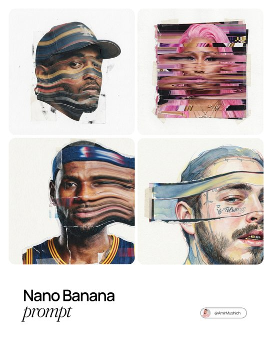 A surreal mixed-media portrait of [PERSON], set against a clean, plain white bac…