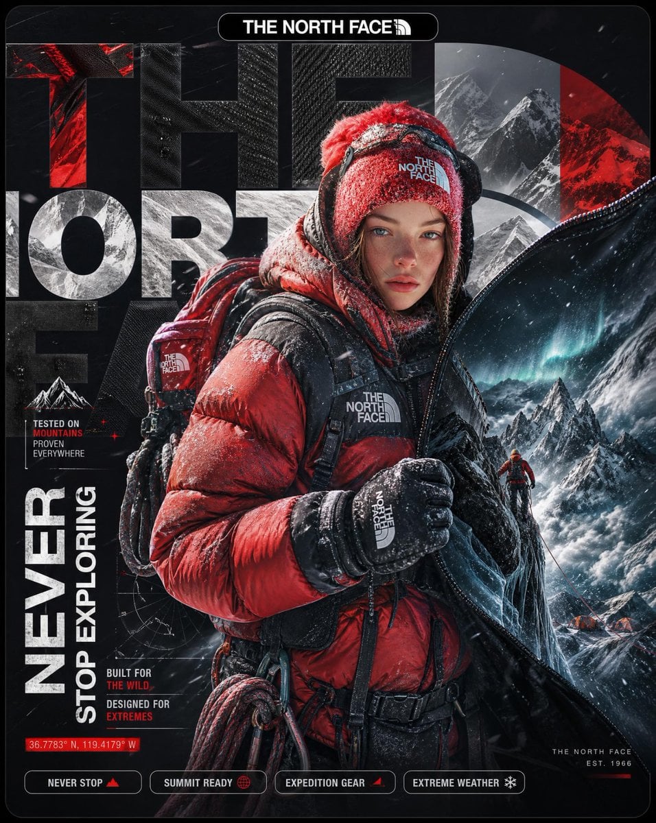 A hyper-detailed surreal advertising poster for The North Face. BACKGROUND: A la…