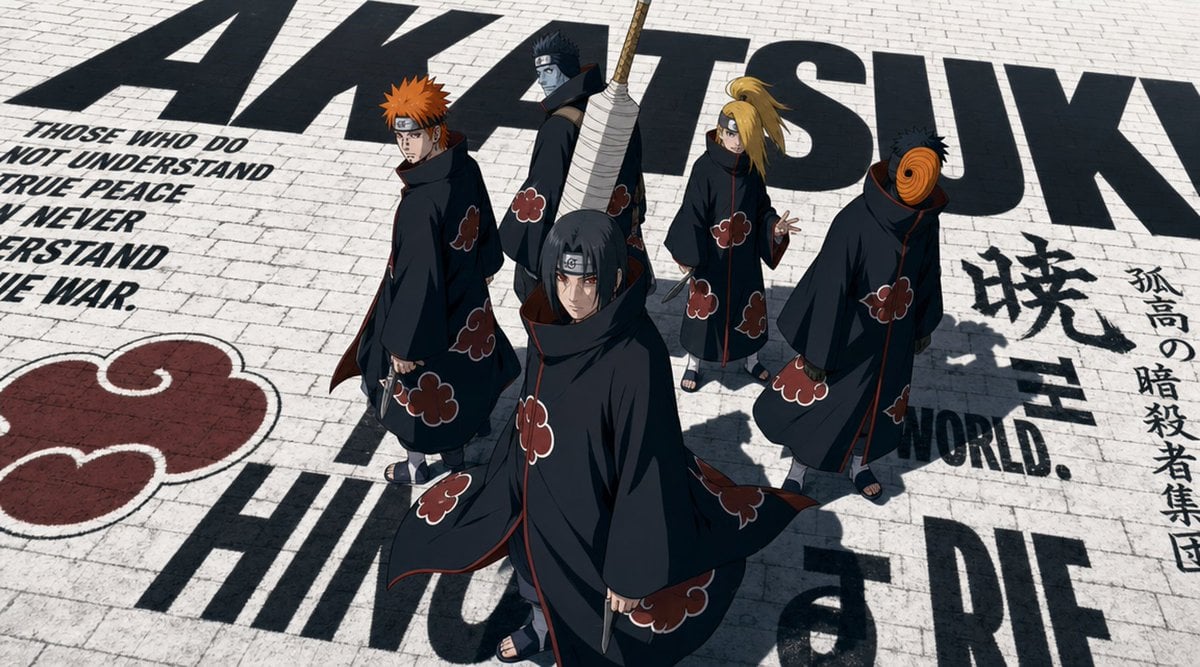 Five handsome Akatsuki members from Naruto standing at the center of a vast blac… (1)