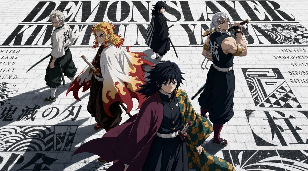 Five handsome Akatsuki members from Naruto standing at the center of a vast blac… (3)