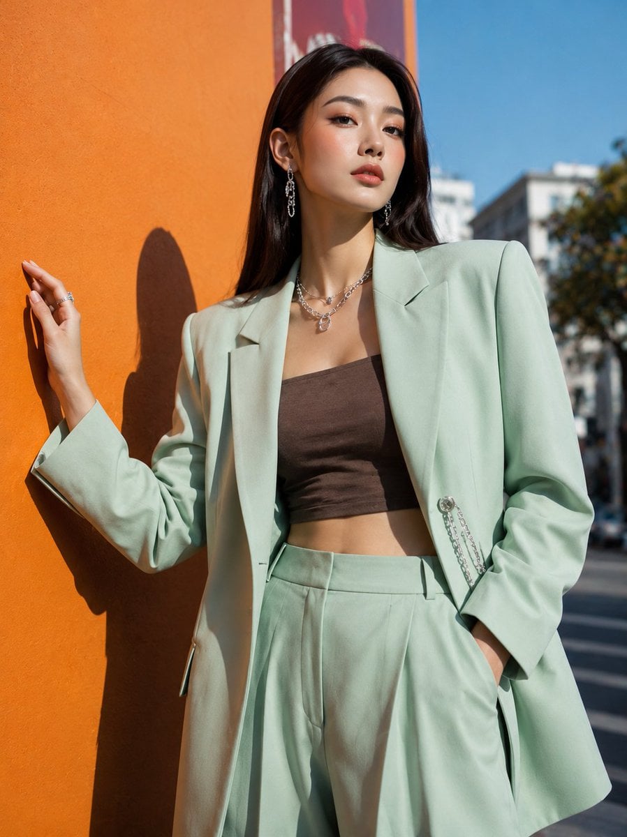 Using the provided reference image, create an ultra-realistic Korean street-fash…