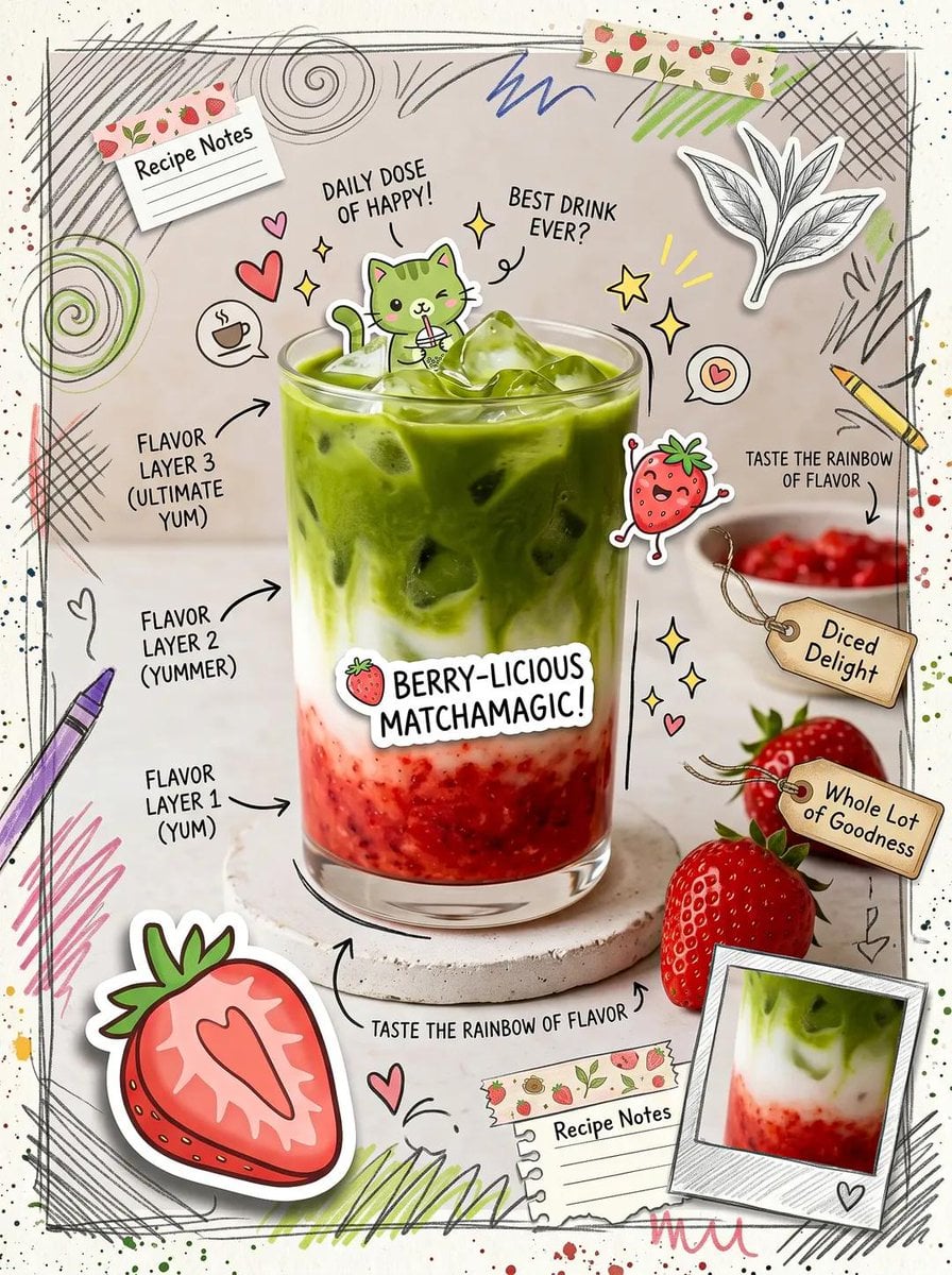 Cute scrapbook-style food photography poster, aesthetic matcha latte drink flatl…