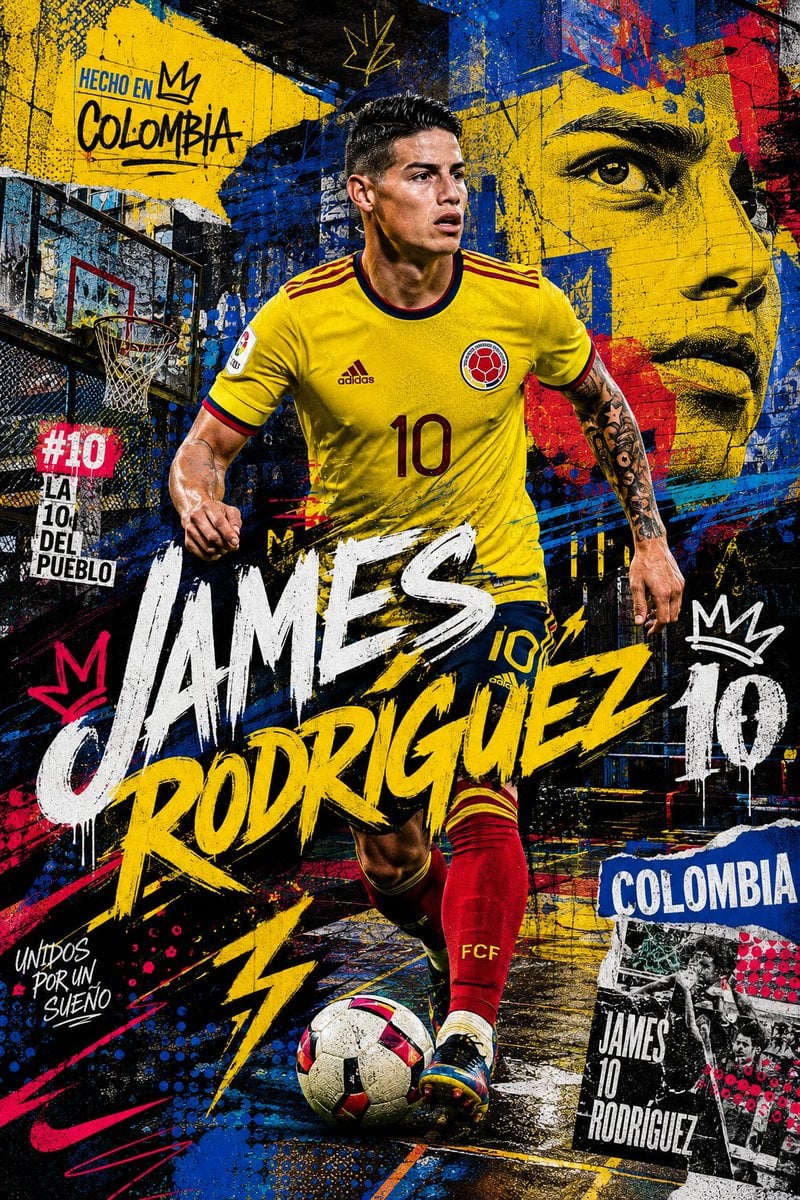 A dynamic mixed-media football poster featuring James Rodríguez in Colombia’s na… (3)