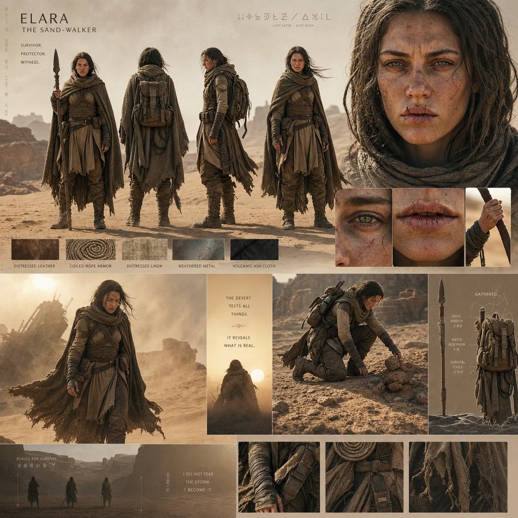 An epic desert-world cinematic character board with monumental scale and atmosph…