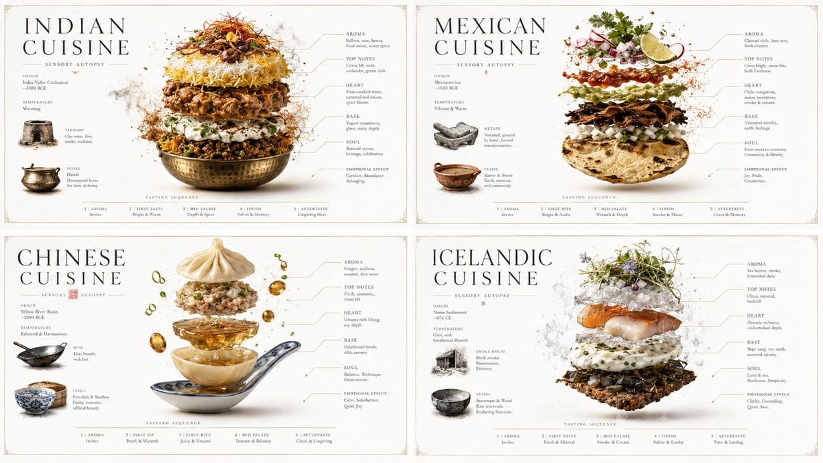 2x2 grid, 16:9, do this for Indian, Mexican, Chinese, and Iceland cuisines: INPU…