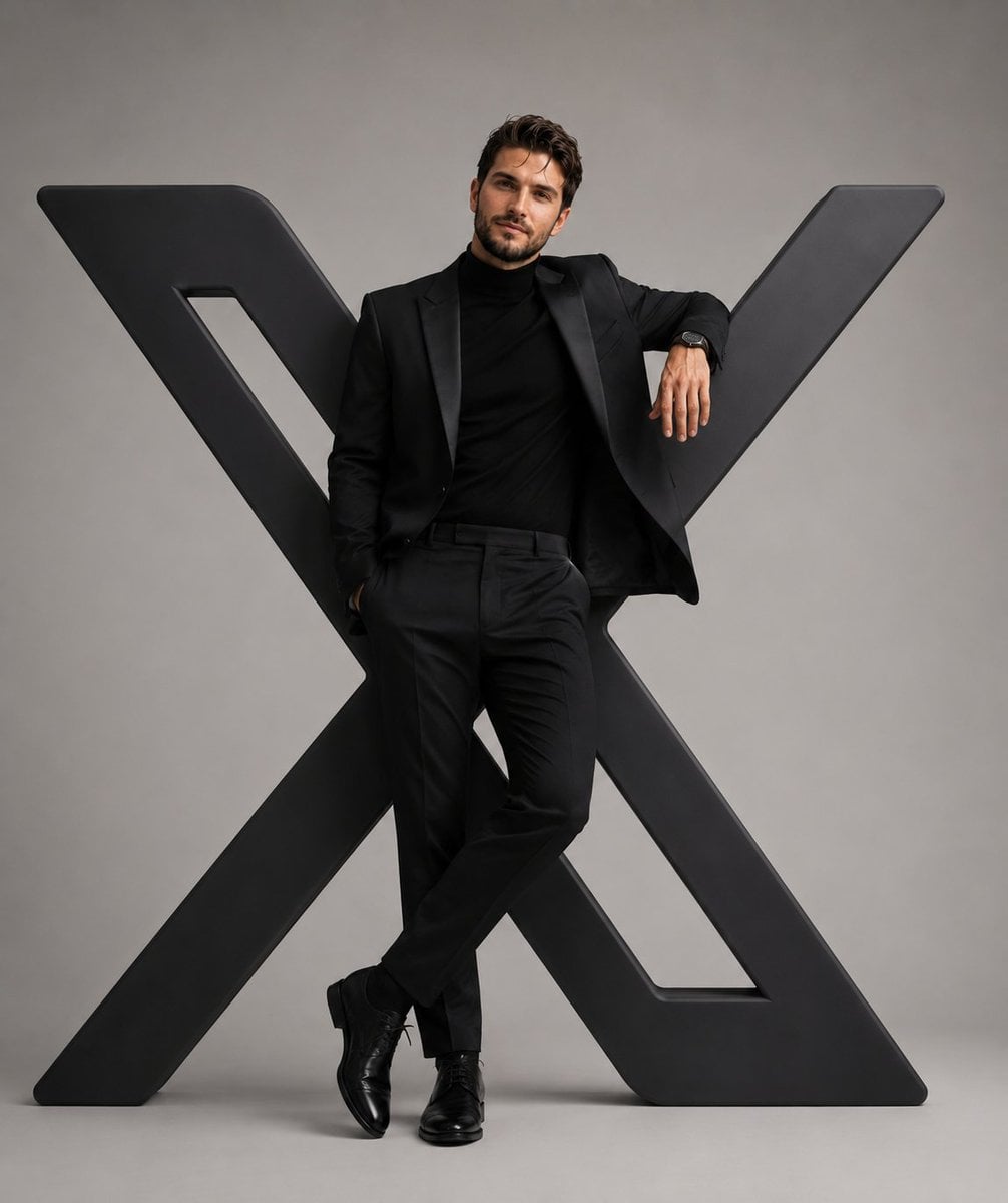 A hyper-realistic editorial photograph of a stylish man confidently interacting …