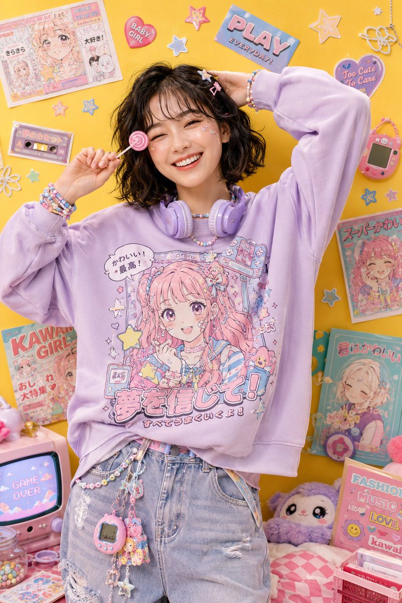 Playful kawaii-inspired studio fashion editorial featuring a cheerful young Asia… (2)