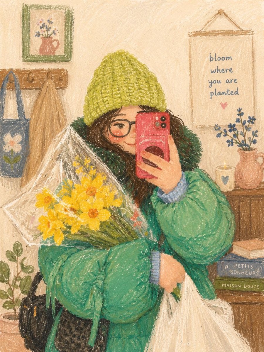 Cute cozy oil pastel illustration, soft textured crayon art style, aesthetic gir…