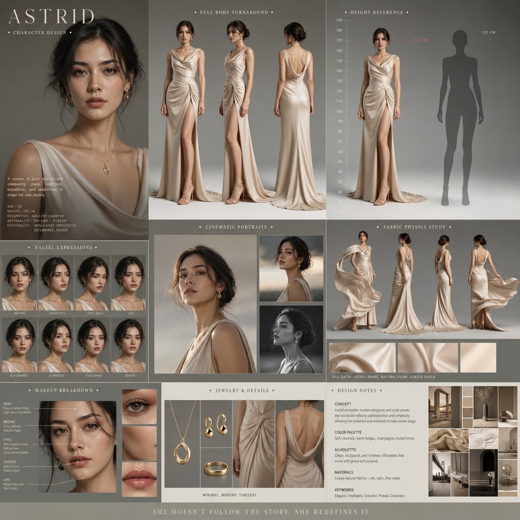 Create a cinematic character design board for a premium drama film. A stunning f…