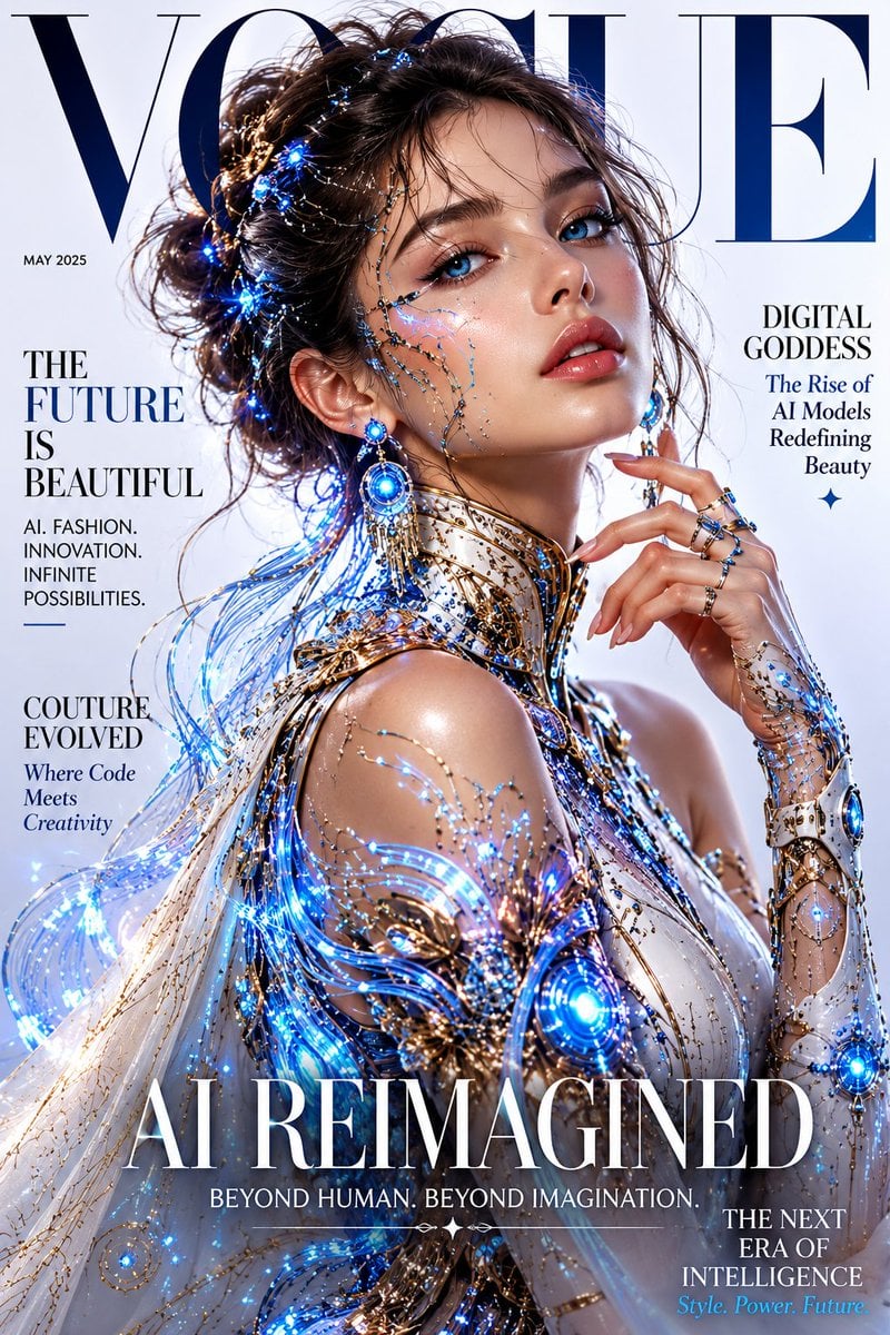 Professional magazine cover design, Vogue style, fictional AI model with photore…