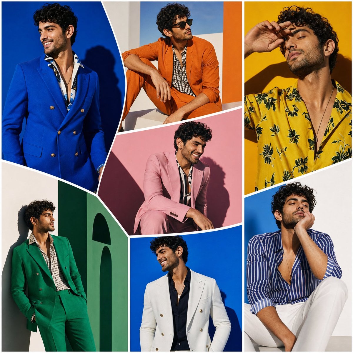 The SAME male model displayed across oversized random-shaped fashion panels insp…