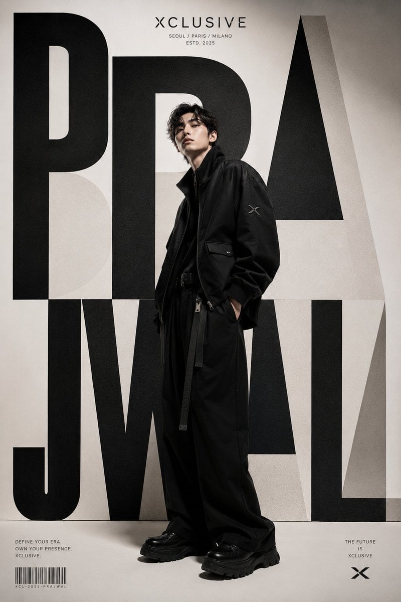 A world-class luxury fashion editorial poster for XCLUSIVE, inspired by contempo…
