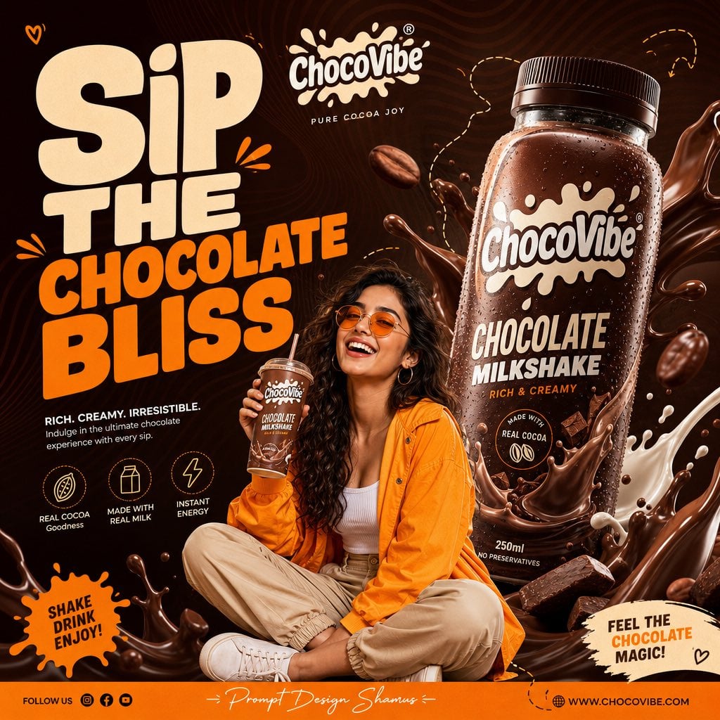 Create a premium Gen-Z commercial advertising poster for a **Chocolate Milkshake…