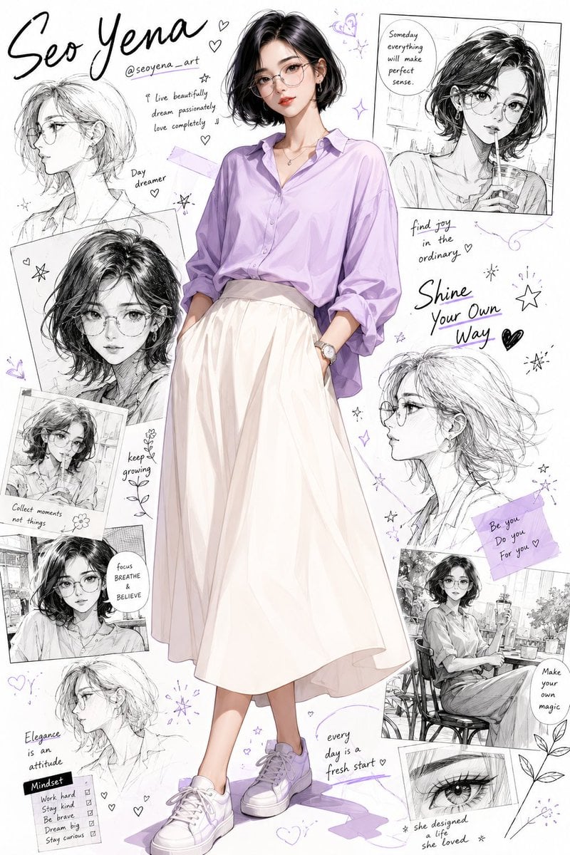 Semi-realistic anime-inspired portrait of a stylish young Korean woman with a sh…