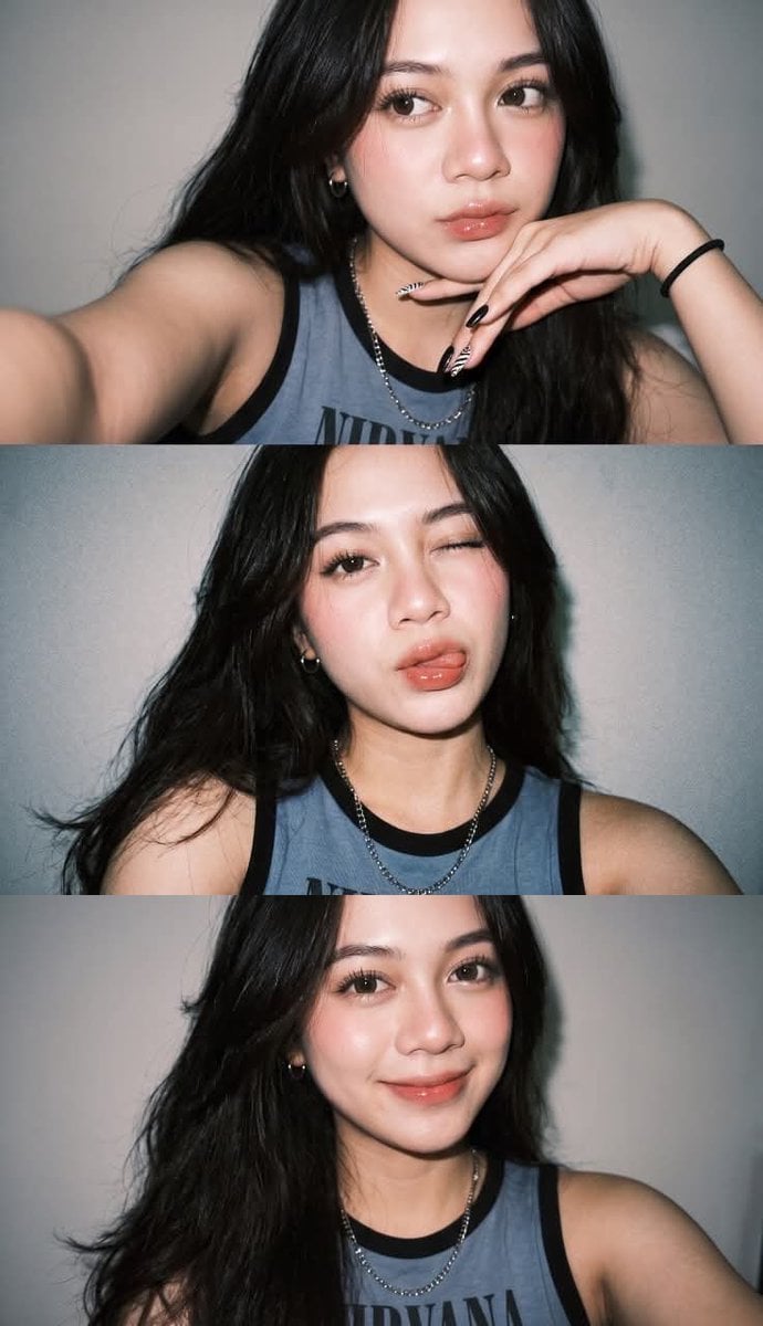 Ultra-realistic Gen Z selfie photo collage, three vertical smartphone flash self…