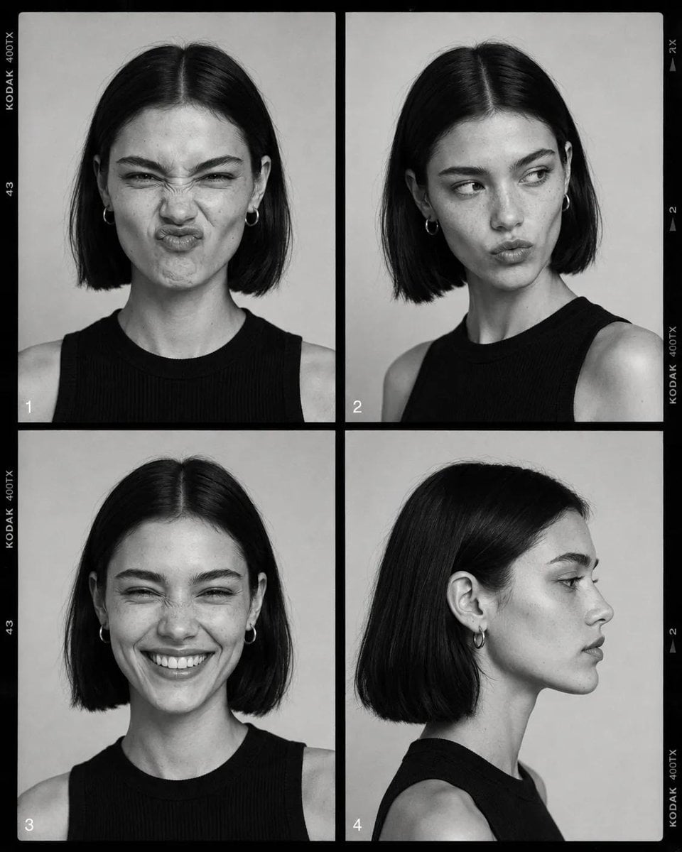 Black-and-white fashion casting contact sheet of [Human] with [Hair], arranged i…
