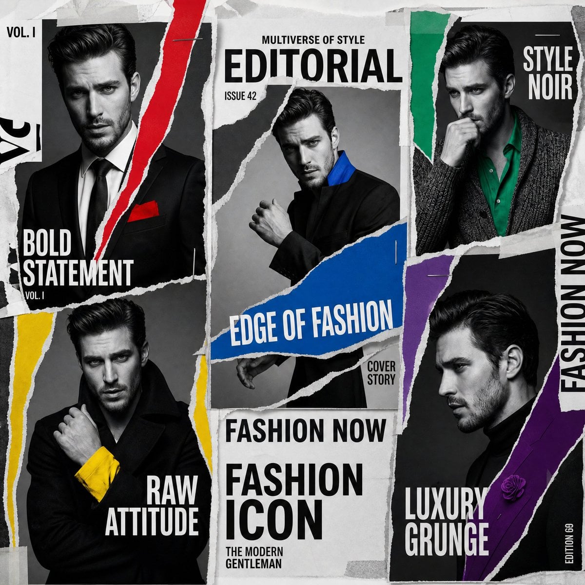 A luxury editorial multi-cover layout featuring the same male model in all frame…