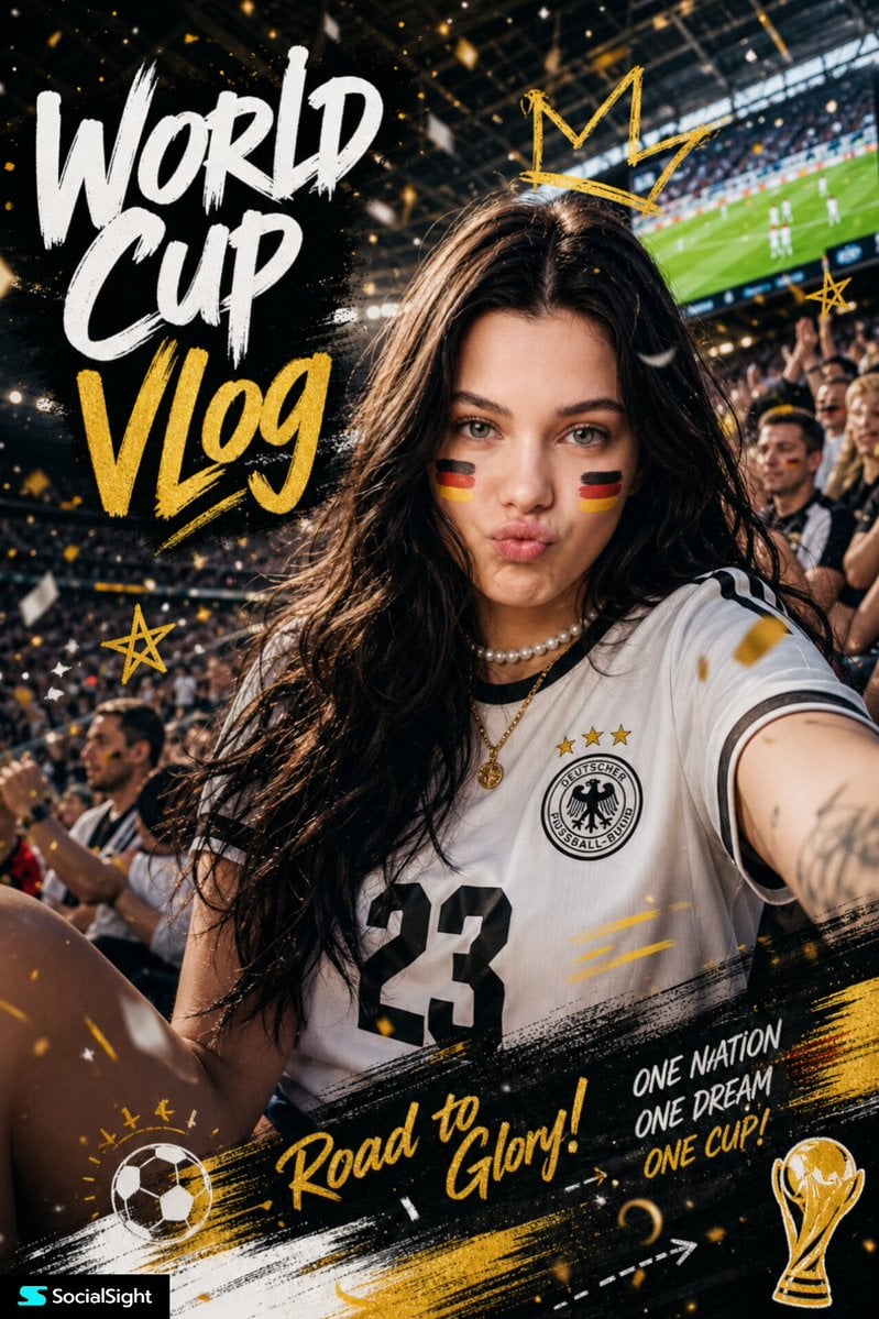 Ultra-realistic sports fan portrait poster, beautiful young woman with long wavy…