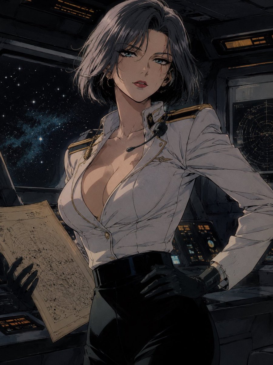 A beautiful adult woman, age 30, with retro space captain energy, short silver-b…