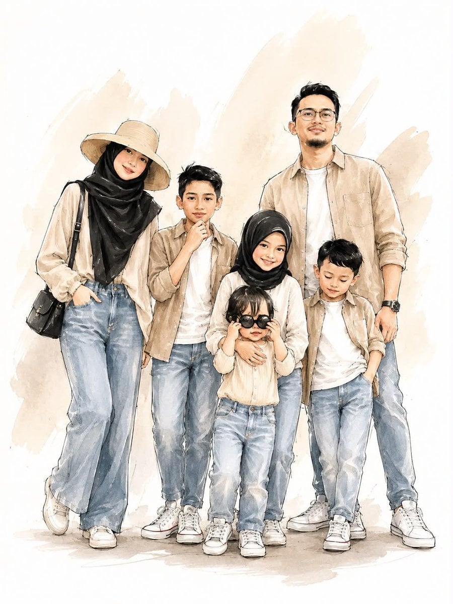 A stylish family standing together, digital watercolor and ink sketch illustrati…