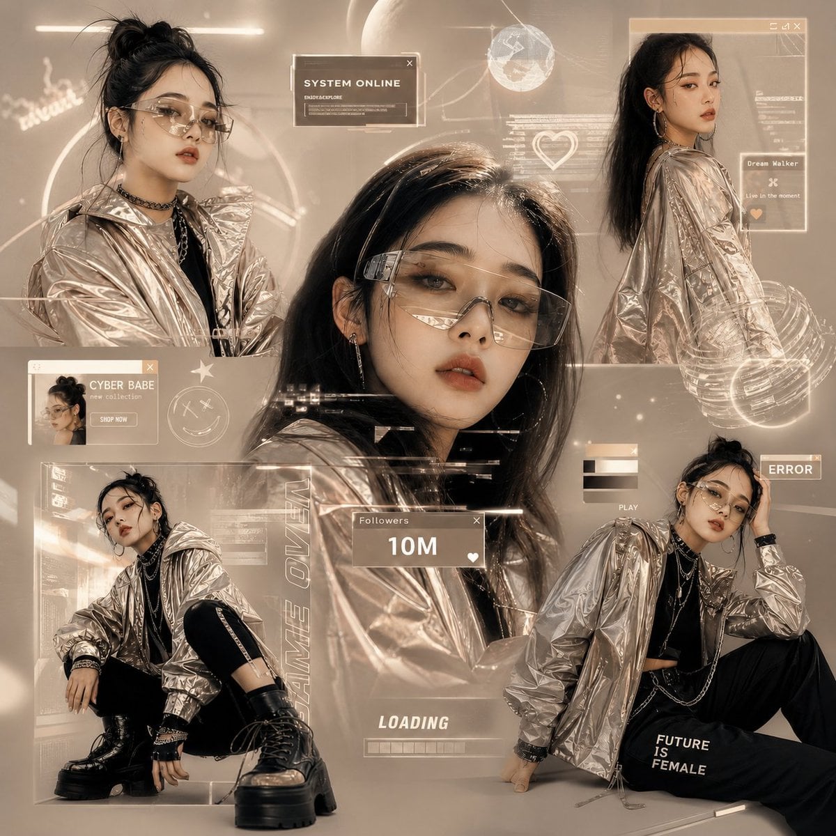 Create a futuristic Gen-Z fashion collage inspired by digital influencers and Ko…