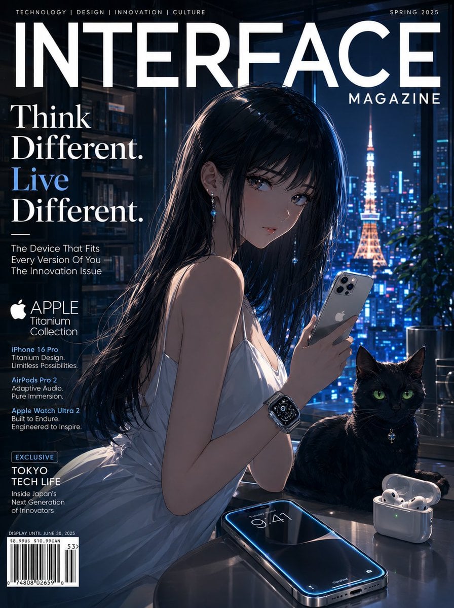 [Hero Subject: A sleek anime-style girl with glossy black hair and luminous eyes…