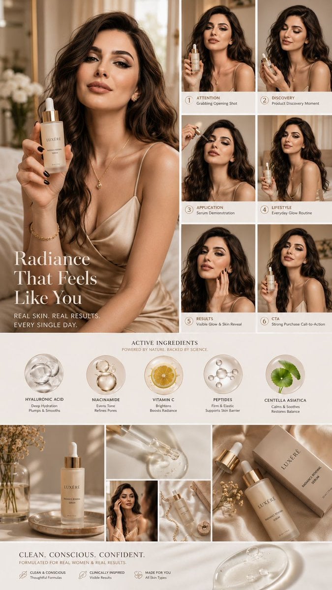 Luxury skincare UGC campaign mood board, designed around the same young woman as…