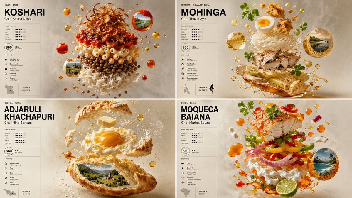 2x2 grid, 16:9, do this for lesser known highly underrated international foods c…