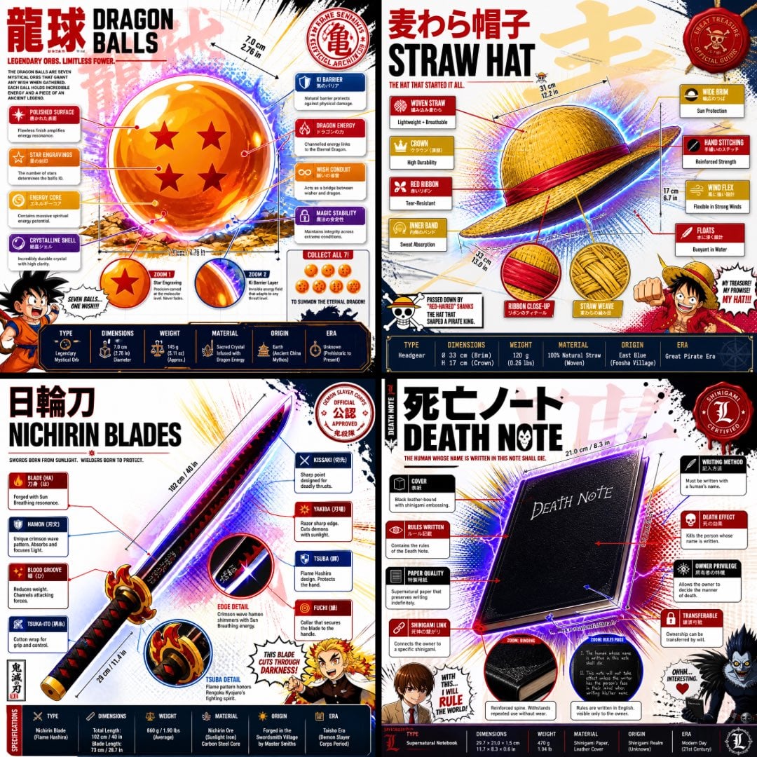 1:1 square anime infographic poster, premium official fanbook spread style — lik…