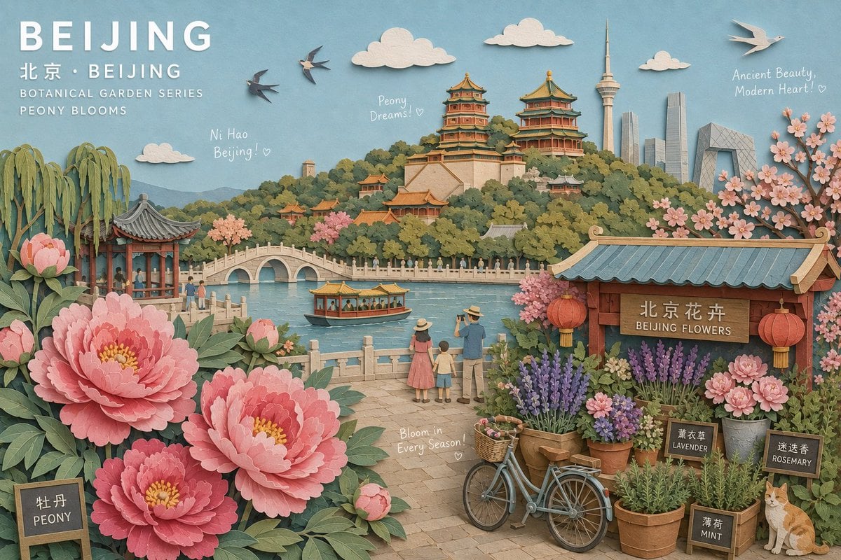 Create a museum-quality handcrafted 3D paper-collage botanical travel poster of …