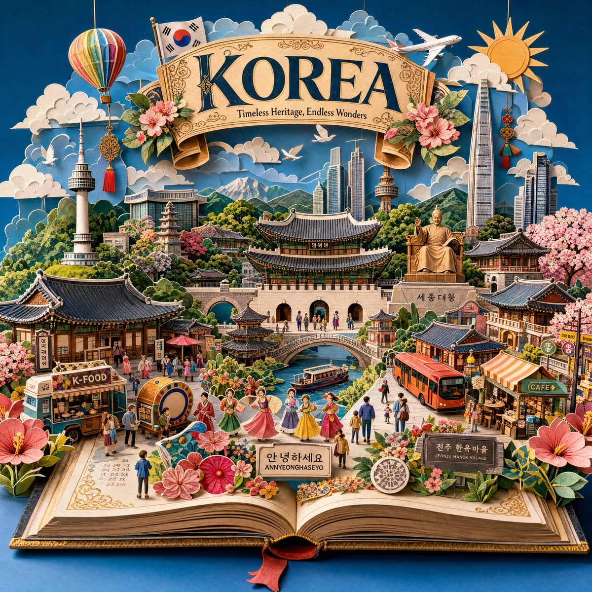 Create an ultra-detailed handcrafted 3D pop-up storybook travel illustration of …