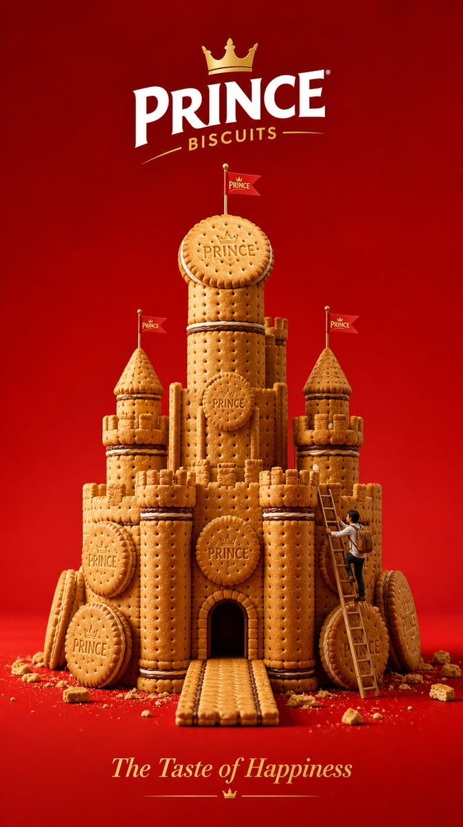 Design a minimalist luxury 3D advertising poster for Prince Biscuits. The center…