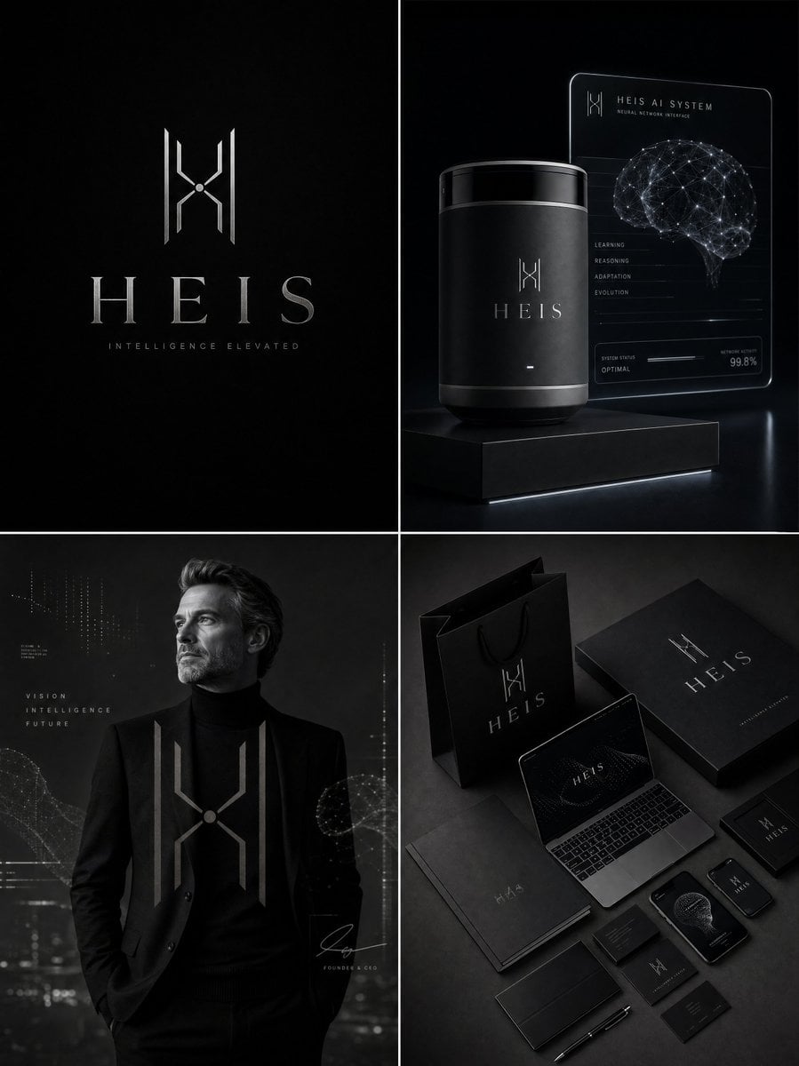 Luxury AI brand identity board for "[Brand Name]", ultra-premium artificial inte…