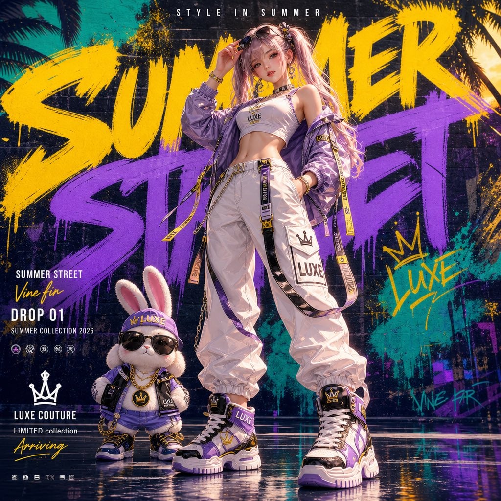 Generate a vertical 4:5 high-end streetwear fashion poster featuring a "luxury s…