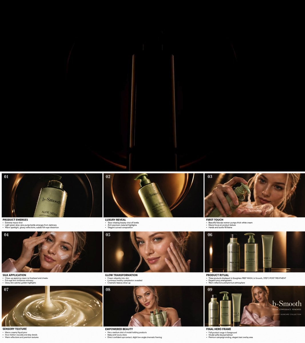 Create a wide-format 9-panel cinematic storyboard infographic (16:9 canvas) show…