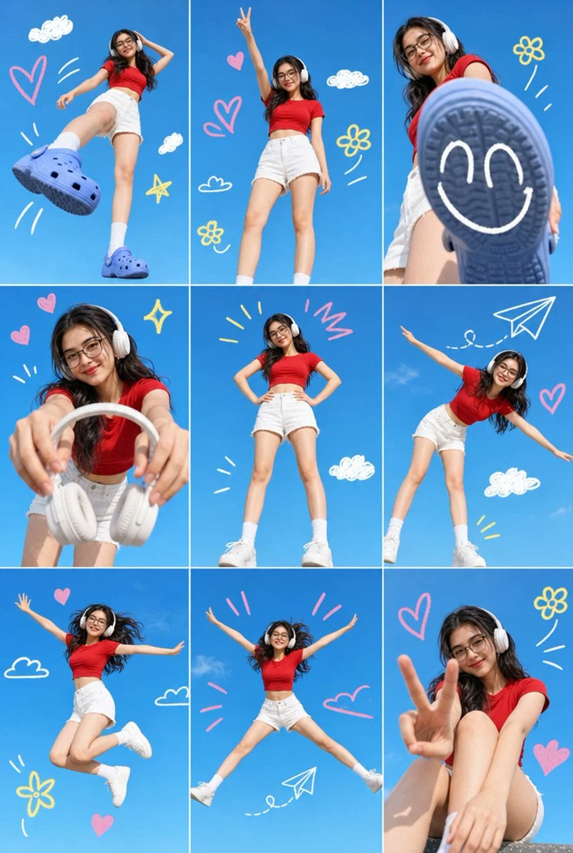 A 3x3 grid collage containing nine separate photos of a single young Asian woman…