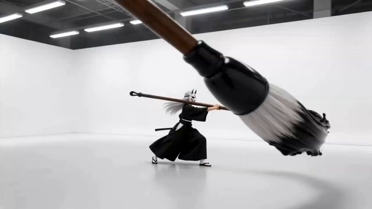 A cinematic, high-contrast action video in a stark minimalist white gallery spac…