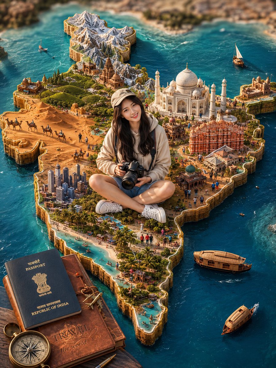 Highly detailed 3D miniature travel diorama of India shaped as a realistic raise…