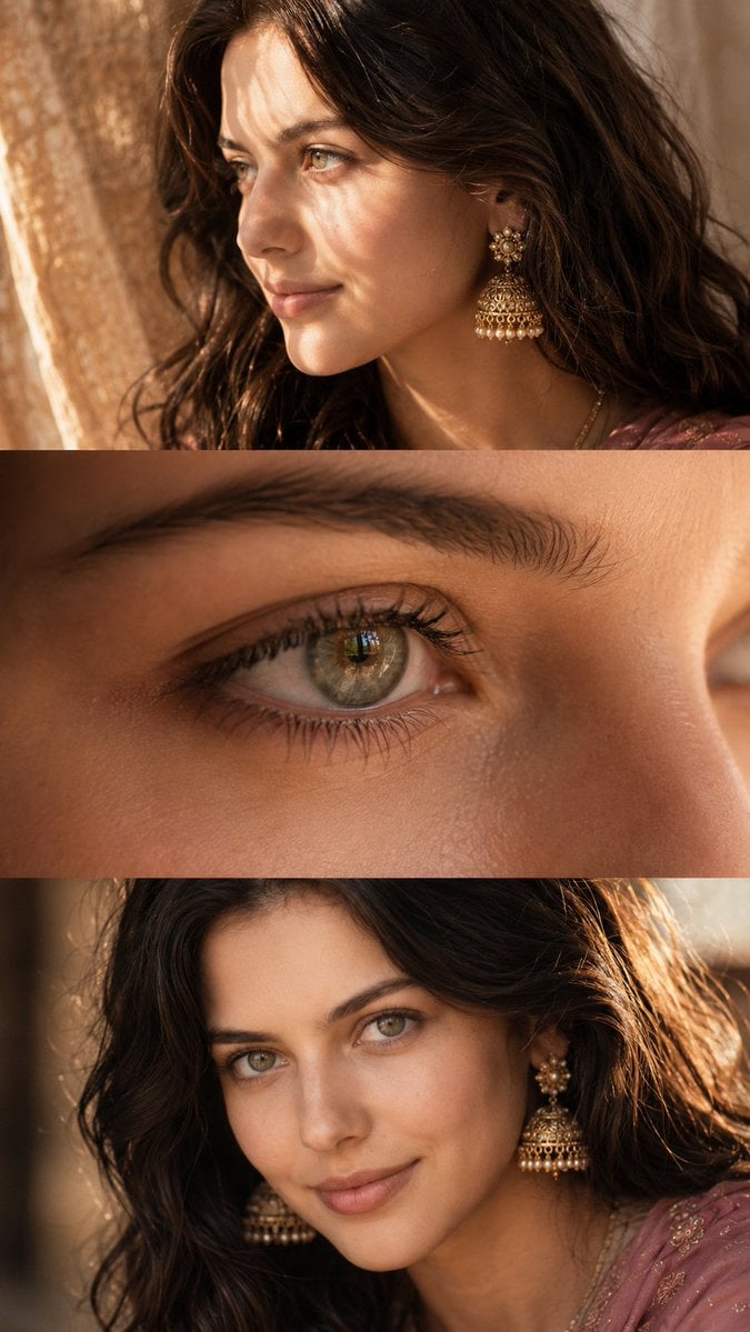 Luxurious cinematic feminine beauty collage in three elegant horizontal frames, …