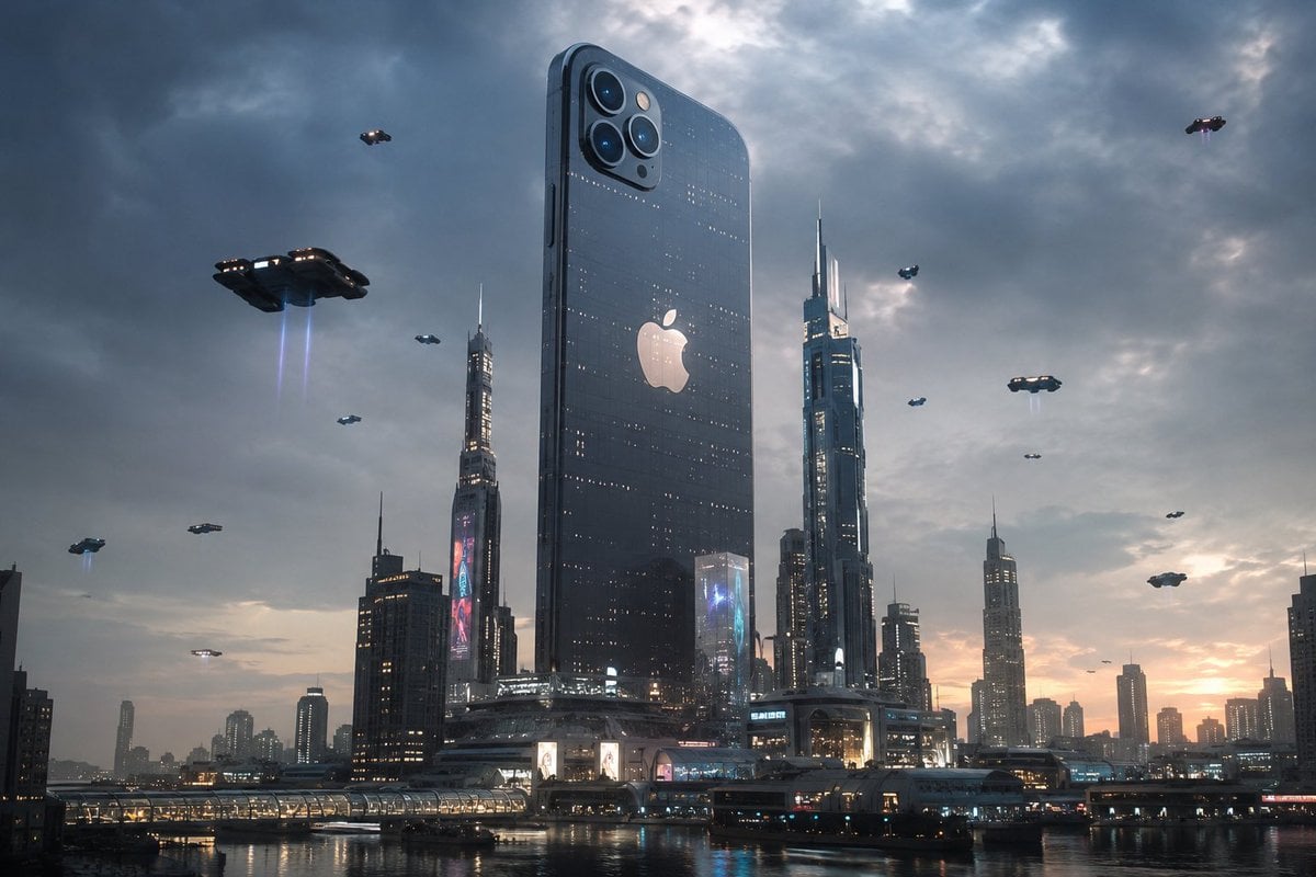 A futuristic city dominated by an enormous Apple iPhone standing as a skyscraper…